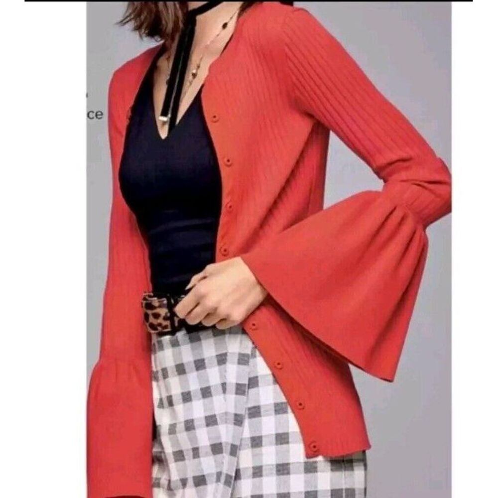 Cabi Style 5285 Cardigan Sweater Red Trumpet Sleeve Ribbed Snap Button Size S - Picture 2 of 5